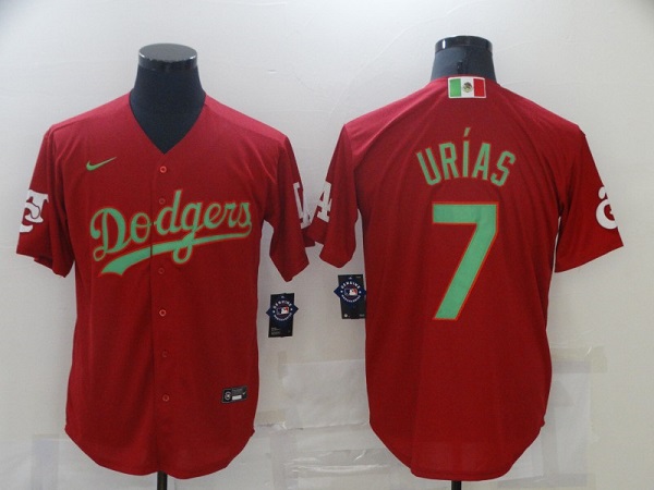 Men's Los Angeles Dodgers #7 Julio Urias Red Green 2020 World Series Stitched Jersey
